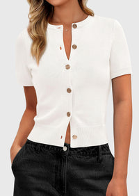 PRETTYGARDEN Womens Casual Summer Short Sleeve Cardigans Button Down Knitted Sweater Basic Crew Neck Crop Tops