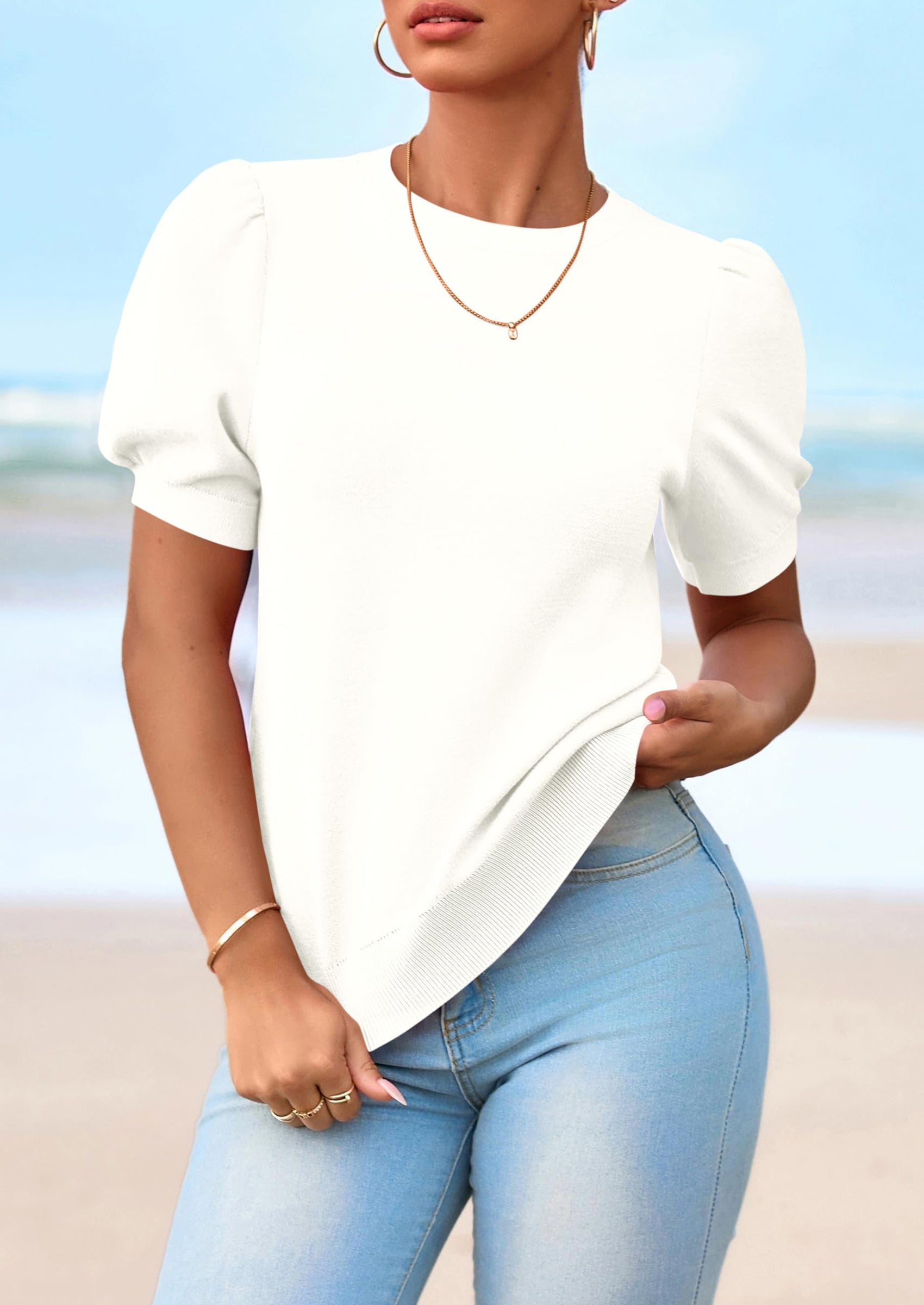 PRETTYGARDEN Womens Tops Spring Summer Puff Short Sleeve Sweater Crewneck Knit Work Blouses Dressy Casual Trendy Shirts PRETTYGARDEN