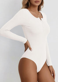 PRETTYGARDEN Long Sleeve Bodysuits for Women Ribbed Knit Henley Button Up Slim Fitted Basic Tops Winter Fashion Clothing PRETTYGARDEN