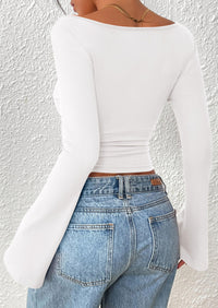 PRETTYGARDEN Women's Long Sleeve Shirts Fall Going Out Tops Casual Boat Neck Bell Sleeve Ribbed Ruched Y2K Clothes