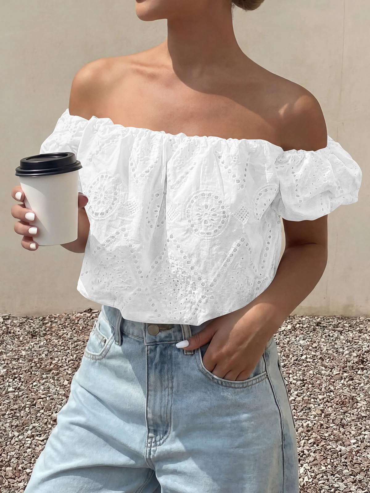 PRETTYGARDEN Women's Summer Off The Shoulder Tops Dressy Casual Puff Short Sleeve Embroidered Eyelet Cute Blouse Shirts PRETTYGARDEN