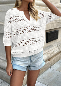 PRETTYGARDEN Womens Crochet Tops Casual Cotton Hollow Out Knit Short Sleeve Oversized Sweater for Women Summer Beach Cover Up PRETTYGARDEN