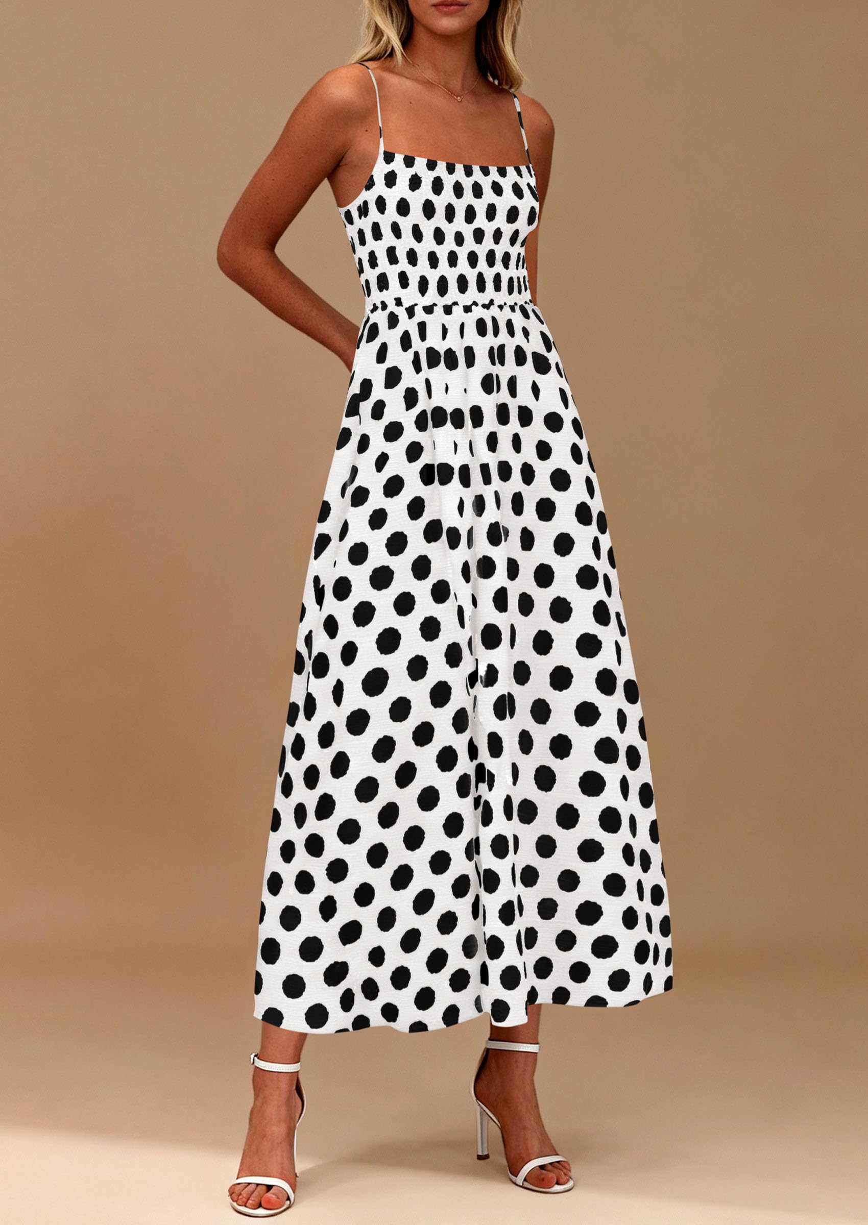 PRETTYGARDEN Womens Summer Dresses Spring Sleeveless Spaghetti Straps Casual Midi Dress Polka Dot Smocked Beach Sundress PRETTYGARDEN