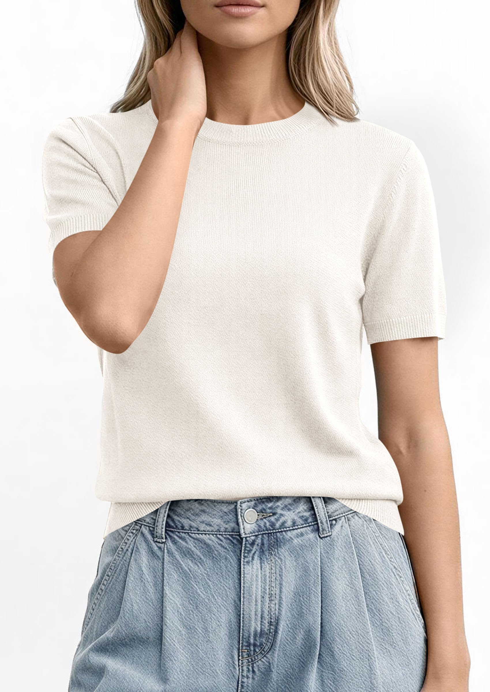 PRETTYGARDEN Women's Short Sleeve Sweaters Spring Crew Neck Knit Work Shirts Business Casual Tops Summer Fashion Clothes PRETTYGARDEN