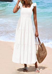 PRETTYGARDEN Womens Square Neck Maxi Dresses Cap Sleeve Eyelet Smocked Tiered A Line Flowy Long Dress with Pockets