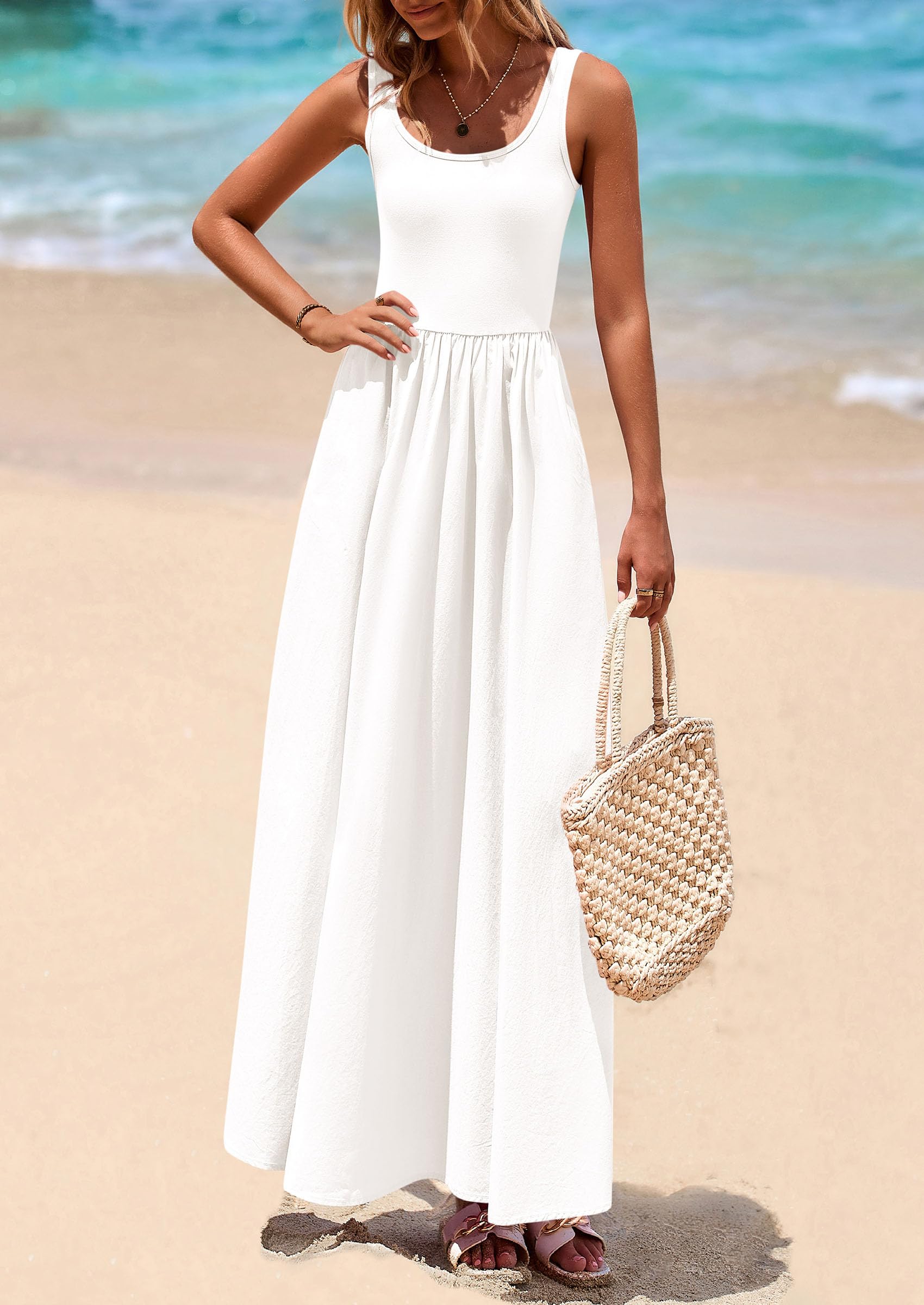 PRETTYGARDEN Womens Summer Casual Scoop Neck Sleeveless Long Dresses Tank Top Patchwork Aline Swing Maxi Dress with Pockets