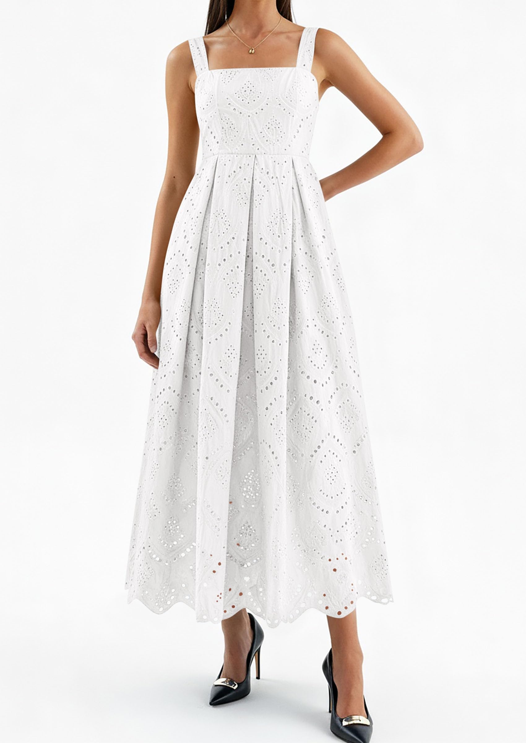 PRETTYGARDEN Womens Sleeveless Maxi Summer Dresses Hollow Out Eyelet Square Neck Ruffle Flowy Beach Vacation Sundress PRETTYGARDEN