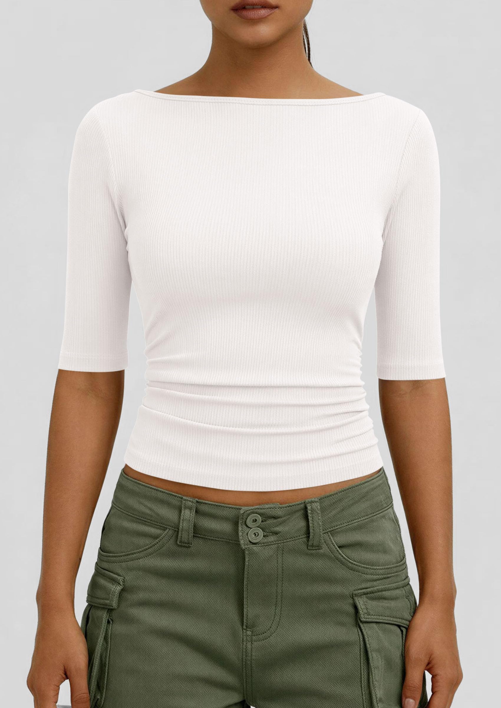 PRETTYGARDEN Womens Summer Short Sleeve Tops Boat Neck Ribbed Knit Slim Fit T Shirt Casual Basic Top Spring Clothes PRETTYGARDEN