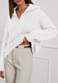 PRETTYGARDEN Fall Cable Knit Oversized Sweaters for Women Polo V Neck Long Sleeve Casual Chunky Sweater Pullover Tops PRETTYGARDEN