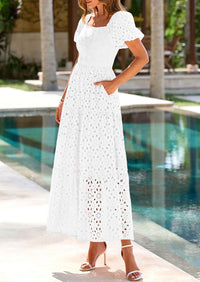 PRETTYGARDEN Dresses for Women Eyelet Square Neck Puff Sleeve Smocked Wedding Guest Maxi Dress with Pockets