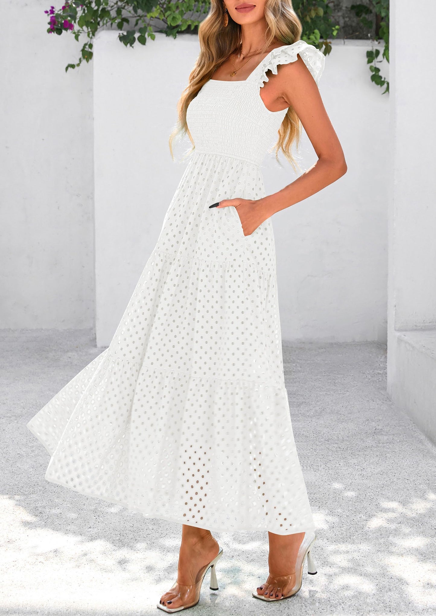 Womens Summer Square Neck Maxi Dresses Cap Sleeve Eyelet Smocked Tiered A Line Flowy Long Dress with Pockets