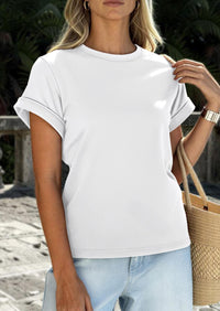 PRETTYGARDEN Womens Summer Tops Spring Casual Rolled Short Sleeve Basic Tees Crew Neck Work Shirts Fashion Clothing PRETTYGARDEN