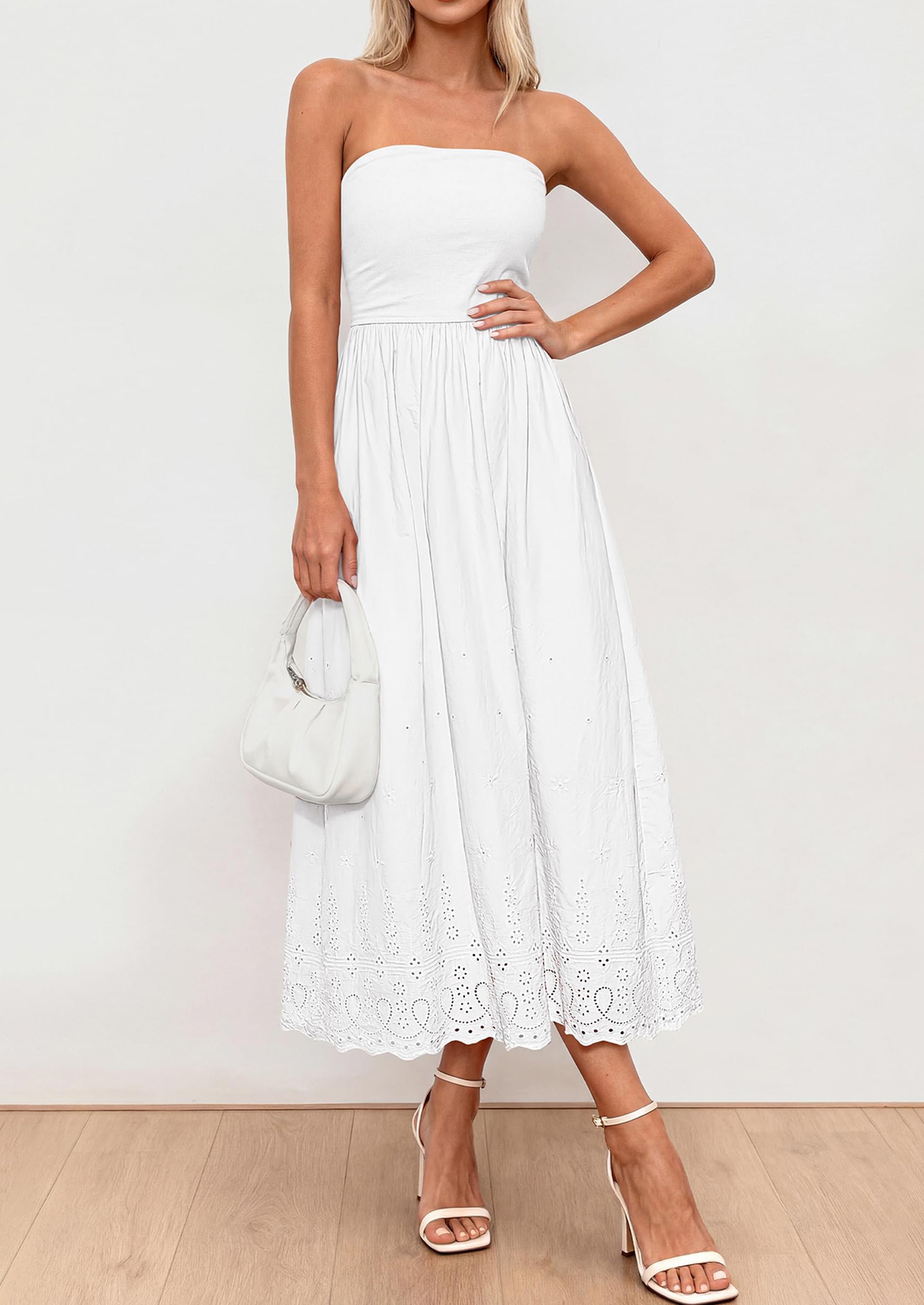 PRETTYGARDEN Womens Summer Dresses Sexy Sleeveless Tube Top Long Dress Eyelet Cotton Maxi Beach Sundress Pockets