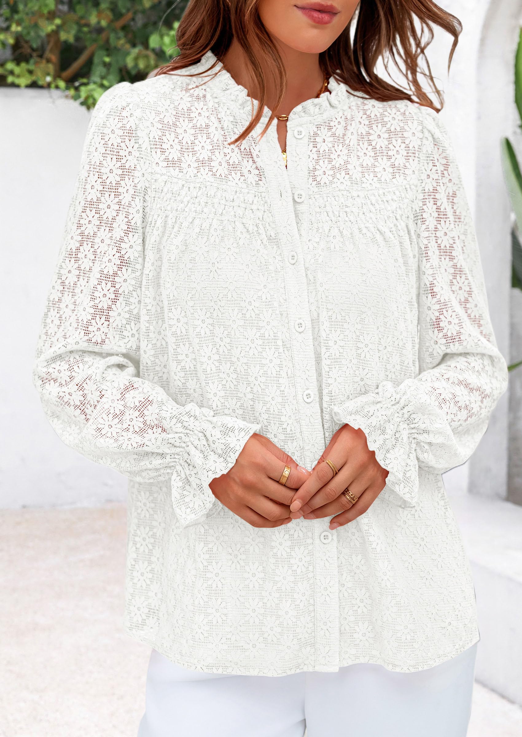 PRETTYGARDEN Lace Long Sleeve Tops for Women Eyelet Blouses Dressy Casual Hollow Out Button Down Shirts Summer Outfits
