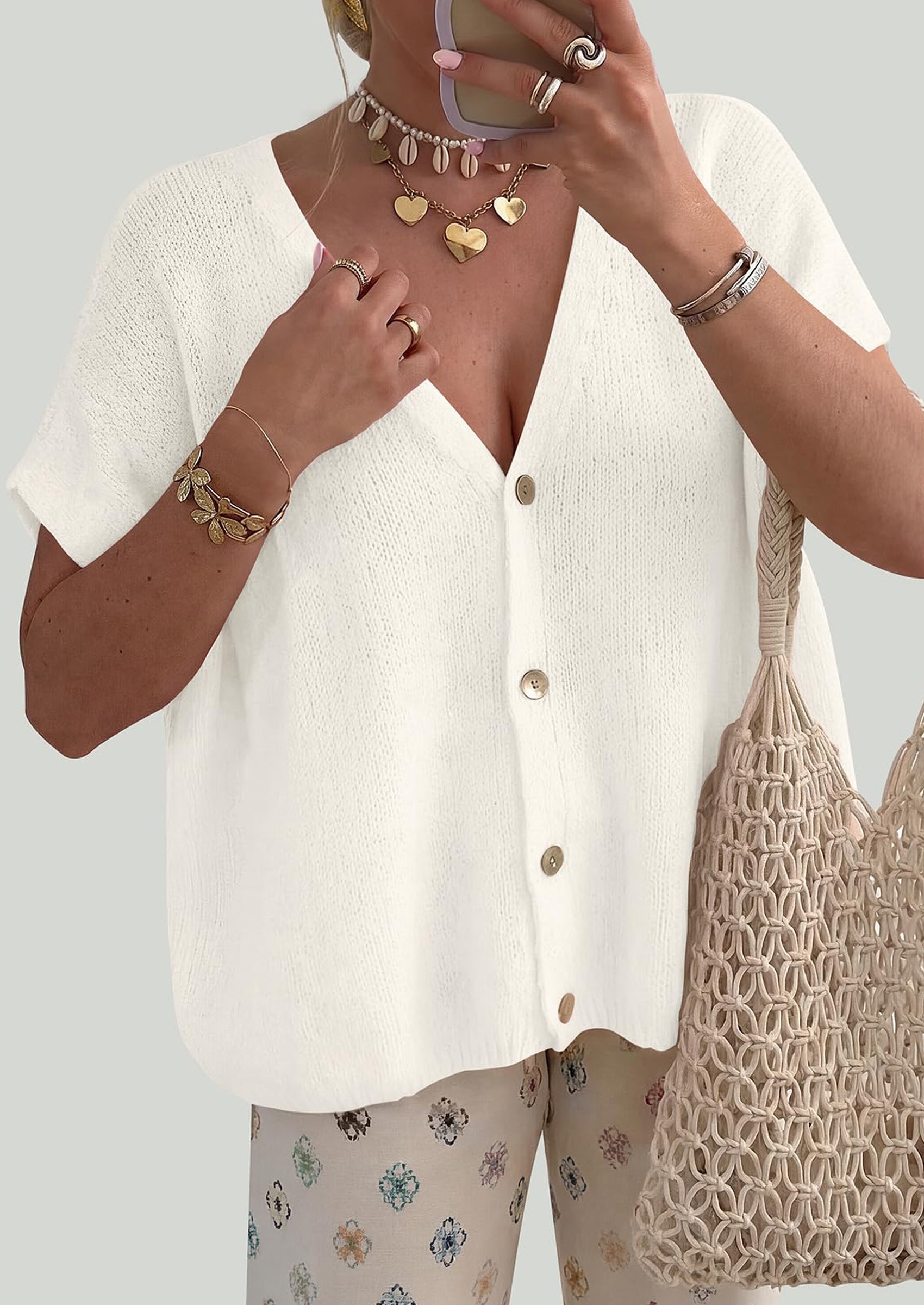 PRETTYGARDEN Batwing Short Sleeve Summer Cardigan Sweaters for Women Lightweight V Neck Button Oversized Sweater Tops PRETTYGARDEN