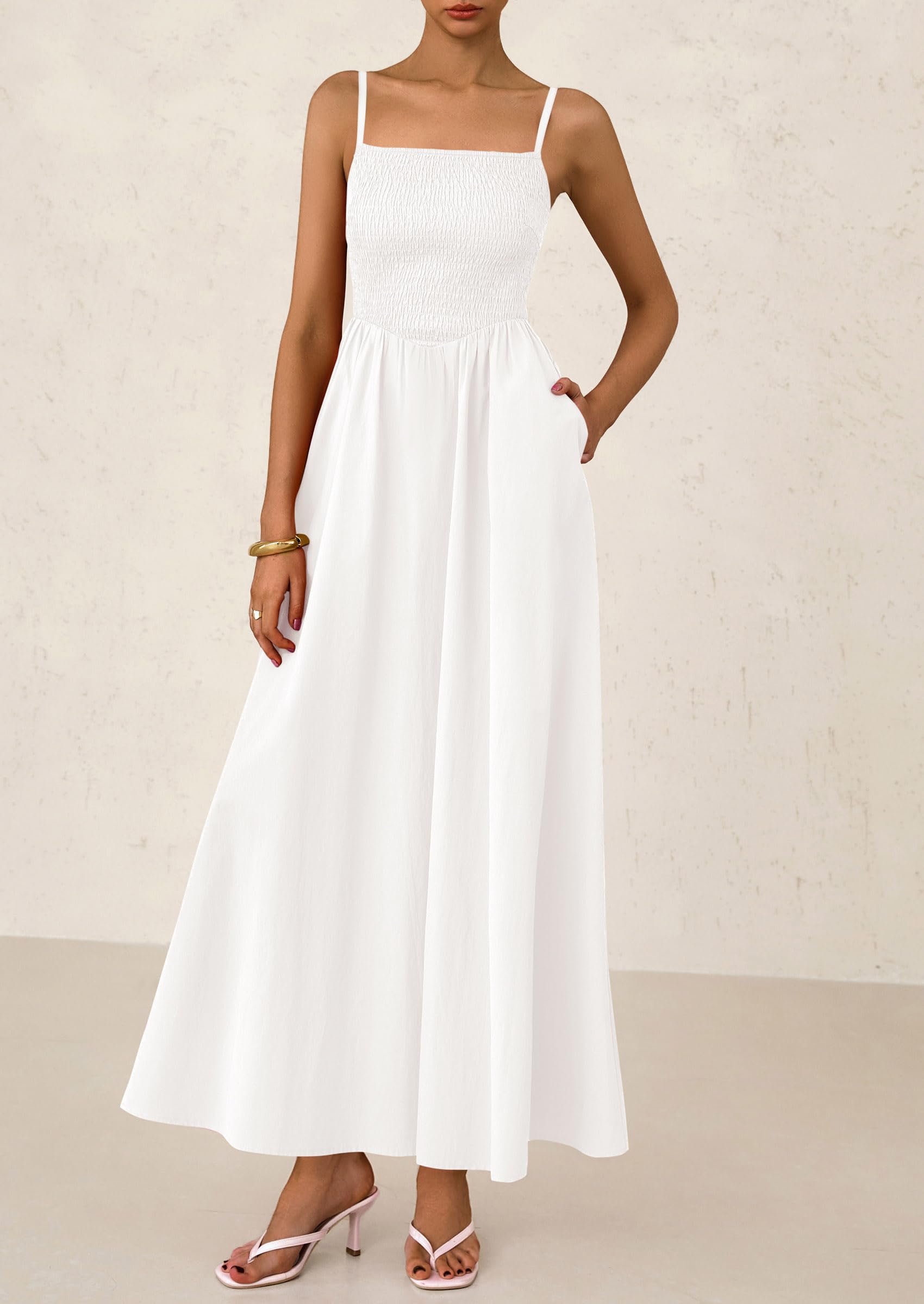 PRETTYGARDEN Women's Smocked Maxi Dresses Beach Sundress Casual Spaghetti Strap Swing A Line Long Flowy Dress