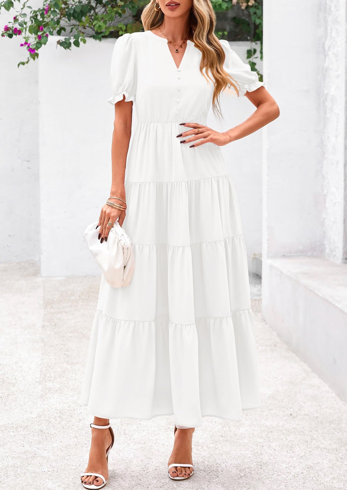 Women's Casual Summer Maxi Dress 2025 Spring Short Sleeve V Neck Tiered Flowy Beach Vacation Dress with Pockets