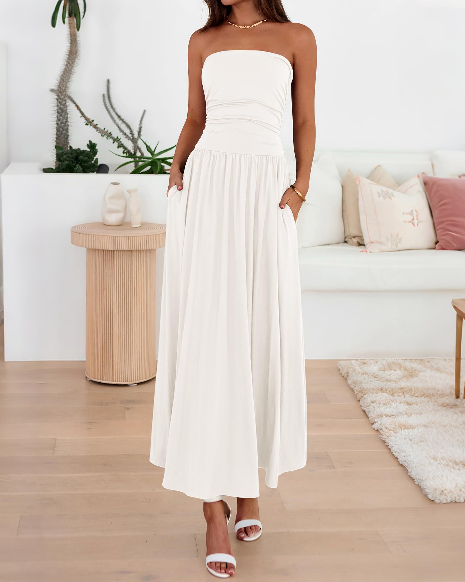 BTFBM Summer Maxi Dresses for Women Strapless Ruched Tube Top Beach Vacation Spring Wedding Guest Dress Pockets PRETTYGARDEN