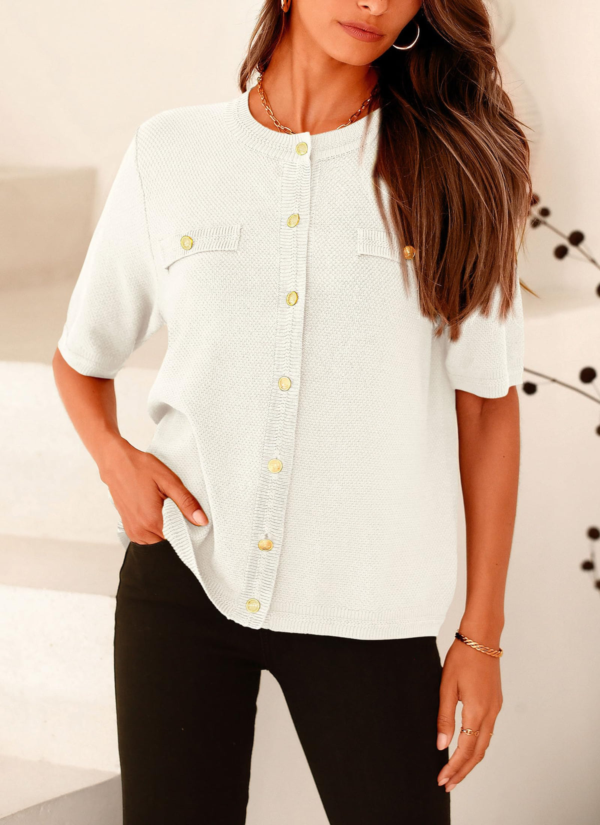 Summer Button Down Shirts Casual Short Sleeve Crew Neck Ribbed Knit Blouse Top Cardigans