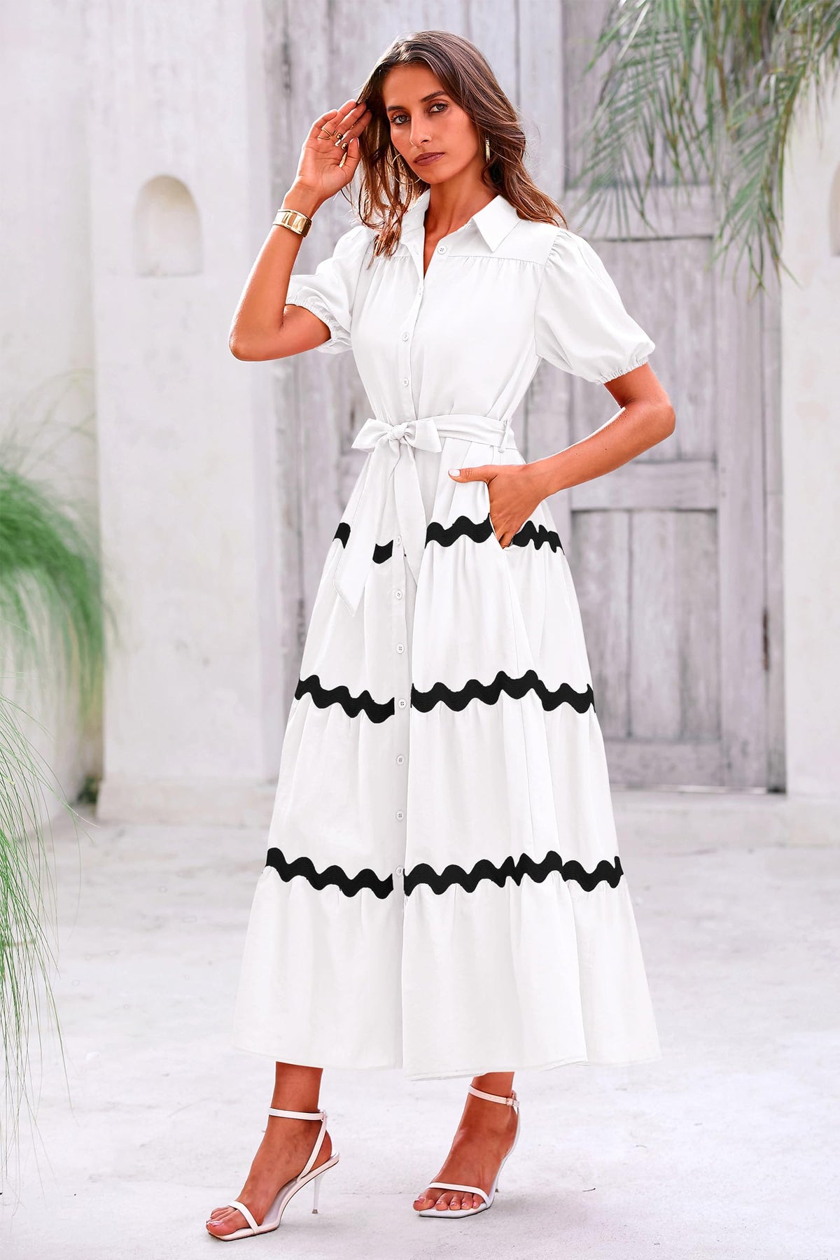 Summer Maxi Button Down Puff Short Sleeve Ruffle Long Flowy Shirt Dresses With Belt