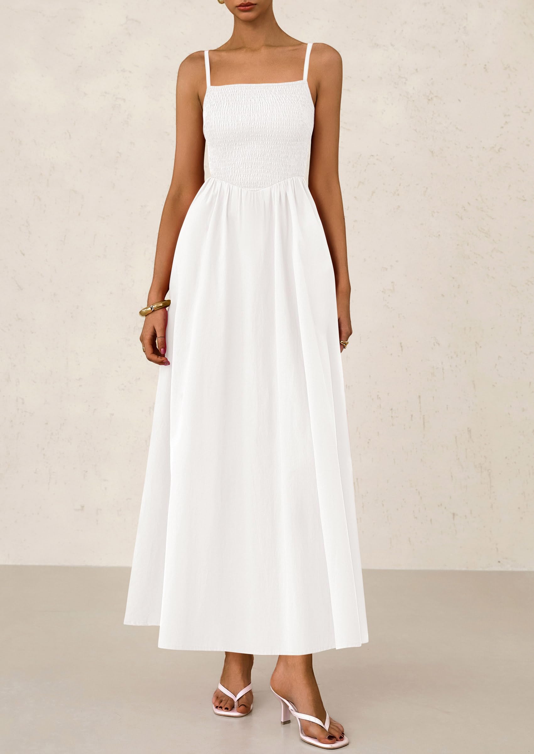 PRETTYGARDEN Women's Smocked Maxi Dresses Beach Sundress Casual Spaghetti Strap Swing A Line Long Flowy Dress