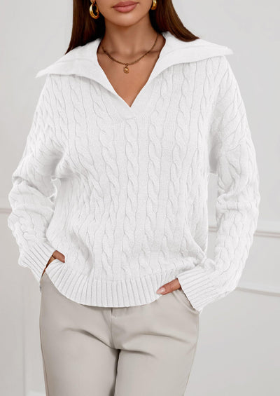 PRETTYGARDEN Fall Cable Knit Oversized Sweaters for Women Polo V Neck Long Sleeve Casual Chunky Sweater Pullover Tops PRETTYGARDEN