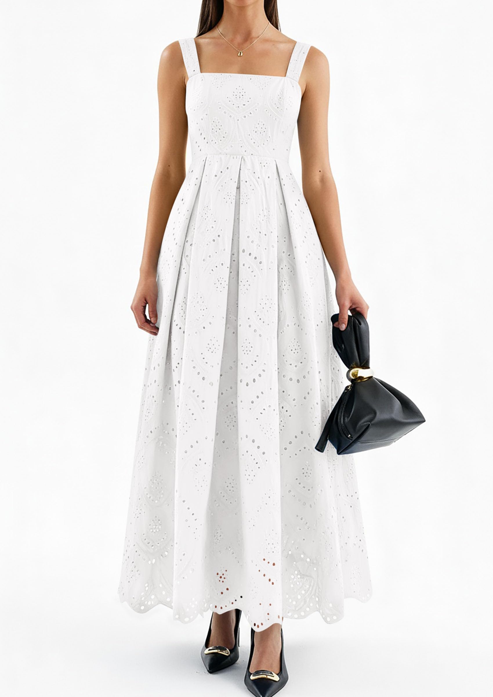 PRETTYGARDEN Womens Sleeveless Maxi Summer Dresses Hollow Out Eyelet Square Neck Ruffle Flowy Beach Vacation Sundress PRETTYGARDEN