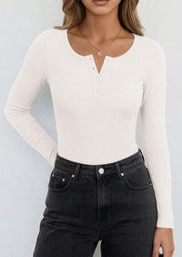PRETTYGARDEN Long Sleeve Bodysuits for Women Ribbed Knit Henley Button Up Slim Fitted Basic Tops Winter Fashion Clothing PRETTYGARDEN