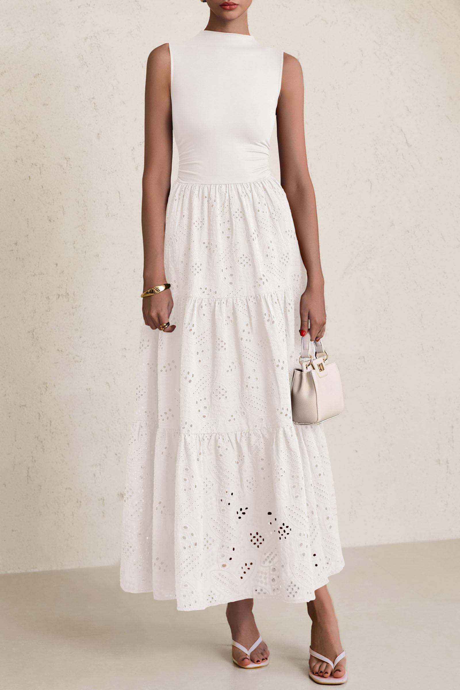 PRETTYGARDEN Dresses for Women Casual Eyelet Sleeveless Wedding Guest Maxi Dress Tank Top Sundress with Pockets