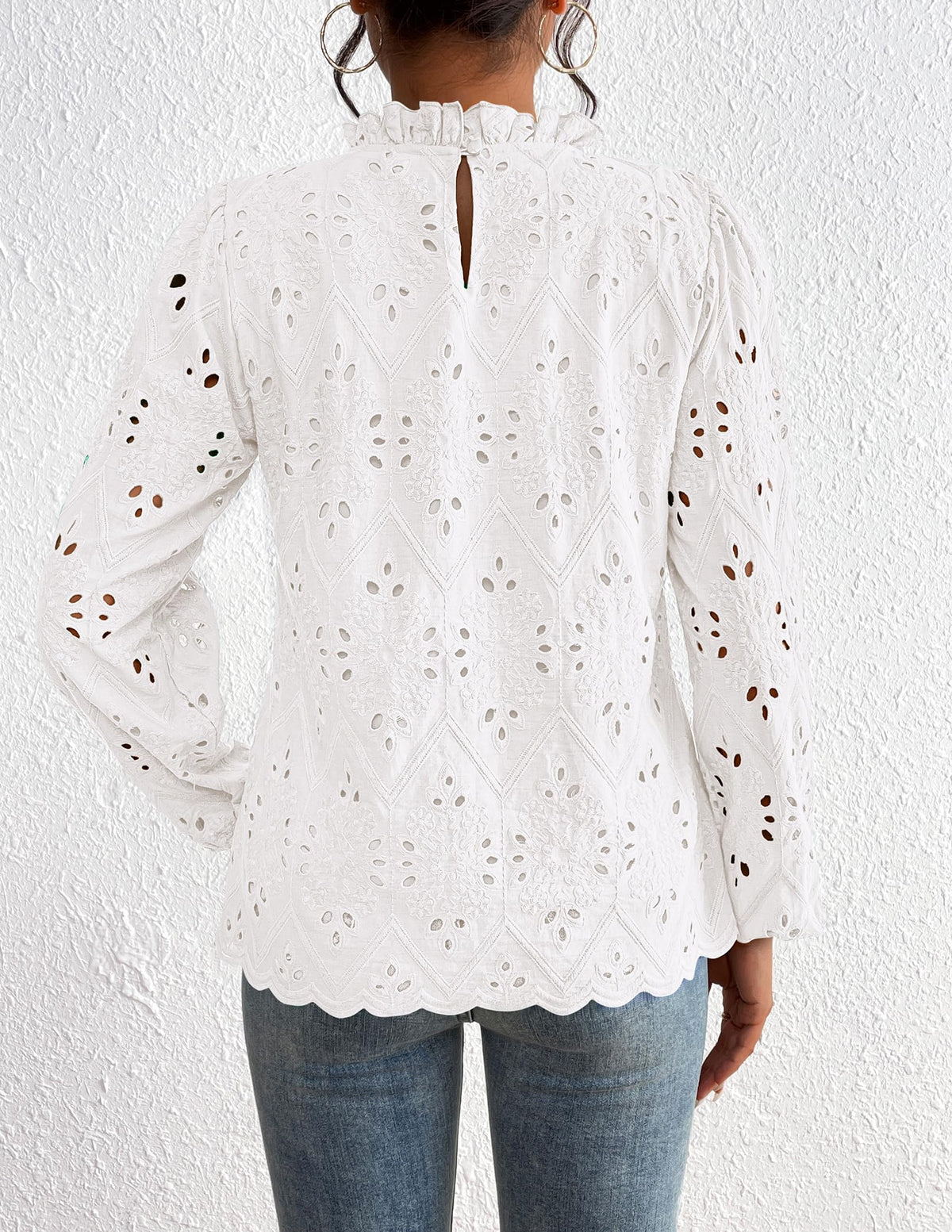 Womens Blouses Dressy Casual Embroidered Long Puff Sleeve Shirts Ruffle Eyelet Lace Top Fall Clothes