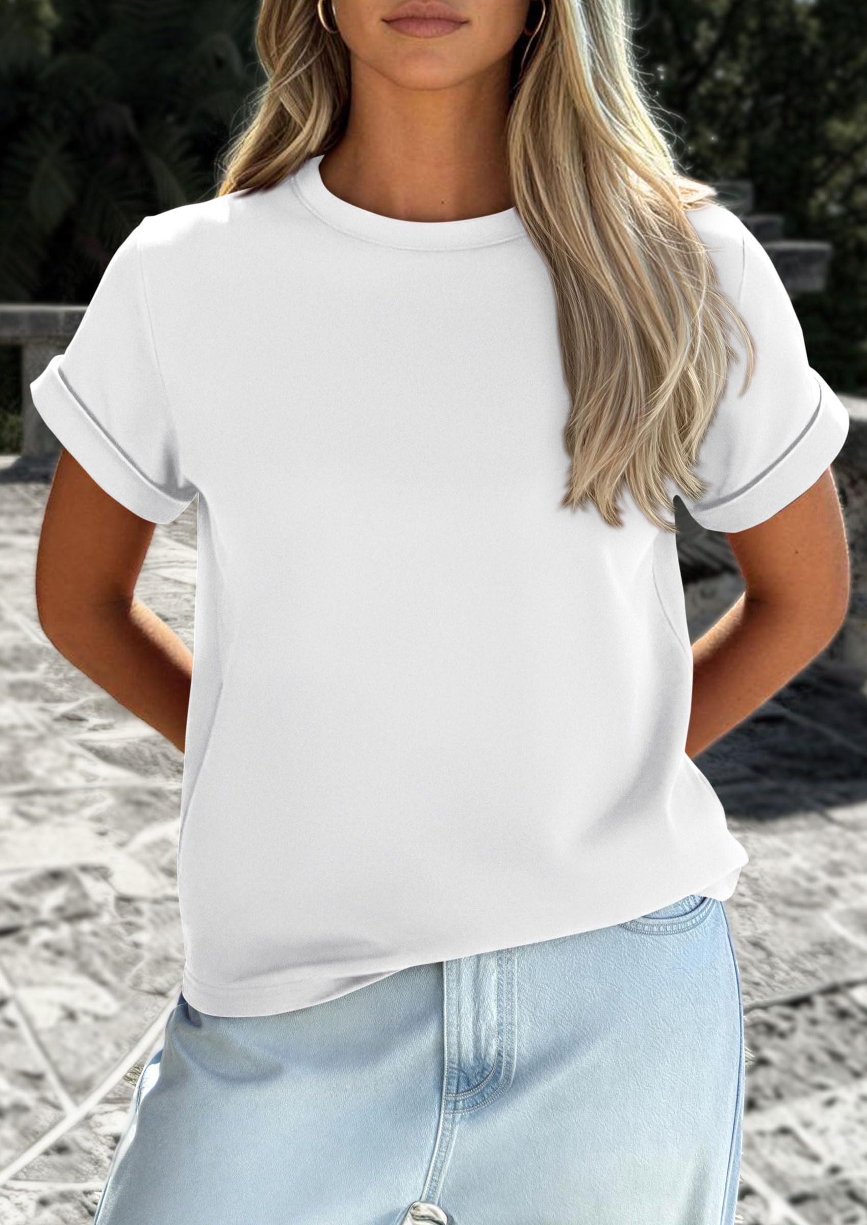 PRETTYGARDEN Womens Summer Tops Spring Casual Rolled Short Sleeve Basic Tees Crew Neck Work Shirts Fashion Clothing PRETTYGARDEN