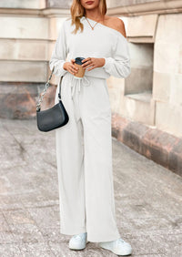 PRETTYGARDEN Long Sleeve Jumpsuit For Women Dressy Off Shoulder One Piece Loose Wide Leg Jumpsuits Casual Flowy Romper