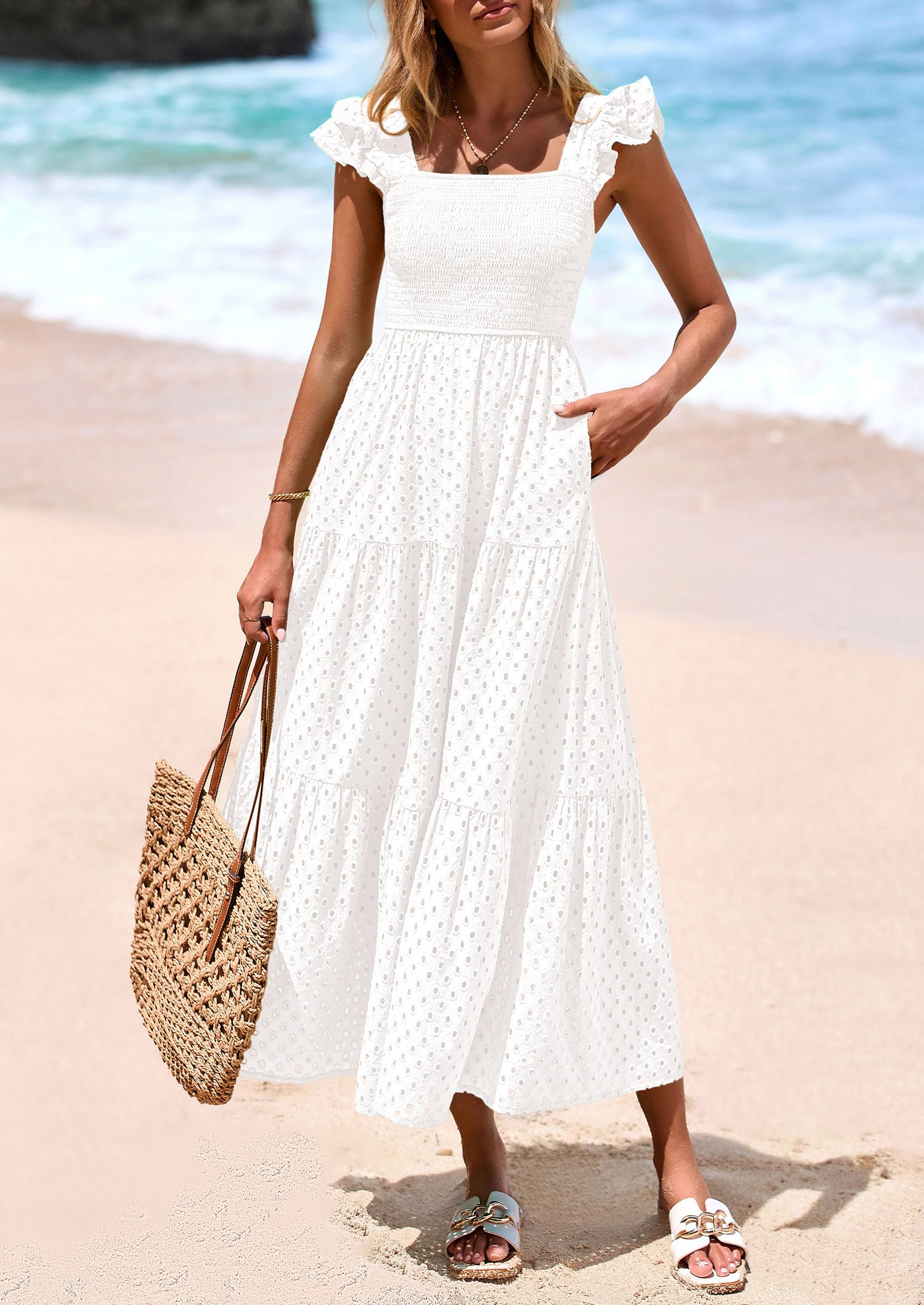 PRETTYGARDEN Womens Square Neck Maxi Dresses Cap Sleeve Eyelet Smocked Tiered A Line Flowy Long Dress with Pockets