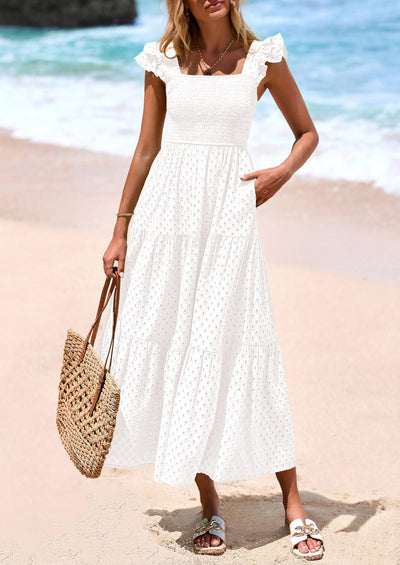 PRETTYGARDEN Womens Square Neck Maxi Dresses Cap Sleeve Eyelet Smocked Tiered A Line Flowy Long Dress with Pockets