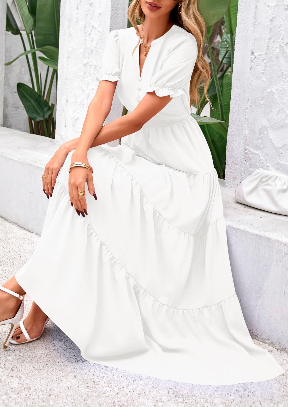 Women's Casual Summer Maxi Dress 2025 Spring Short Sleeve V Neck Tiered Flowy Beach Vacation Dress with Pockets