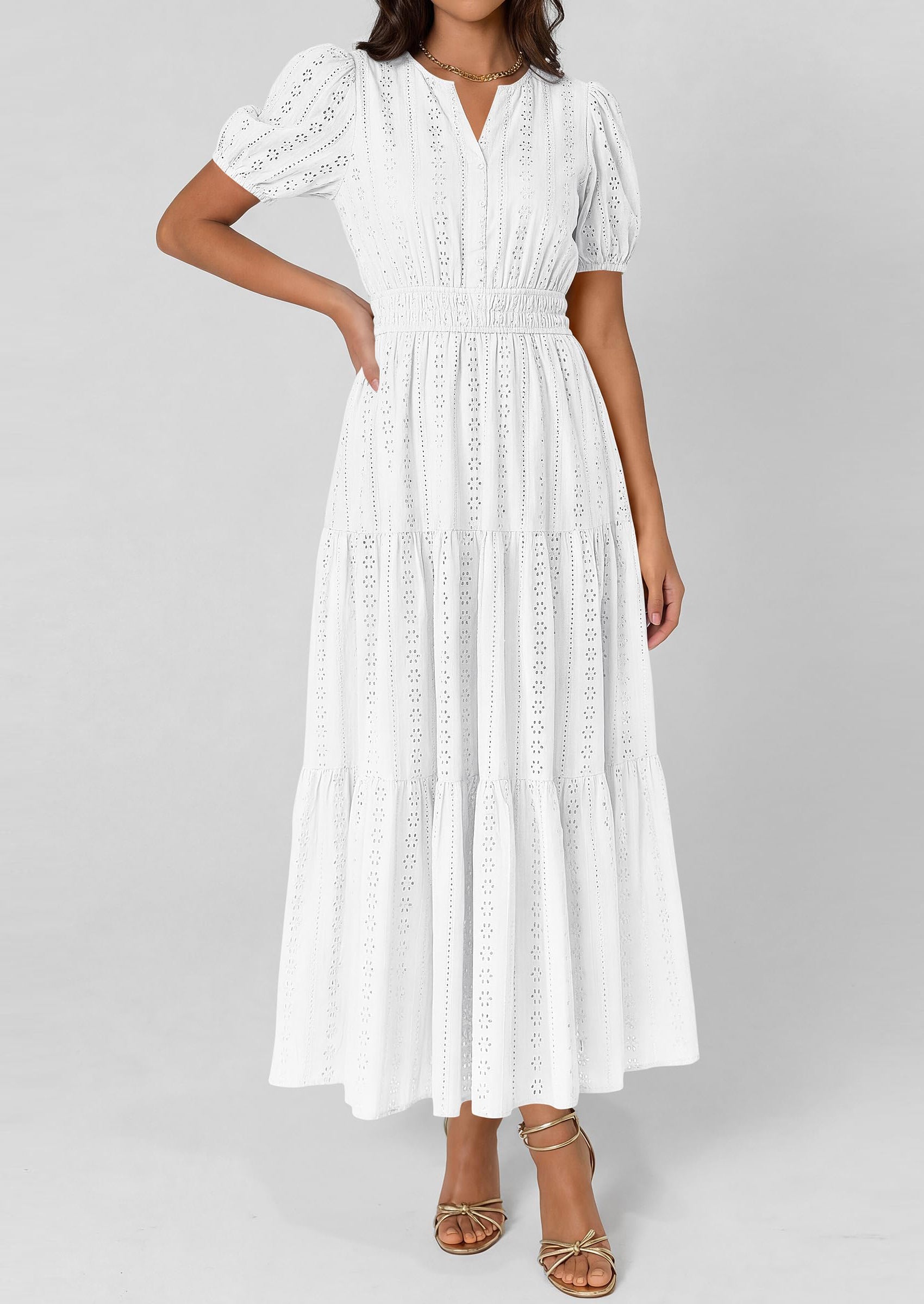 PRETTYGARDEN Womens Summer Maxi Dresses Casual Puff Sleeve V Neck Smoc
