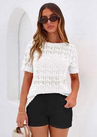 PRETTYGARDEN Women's Short Sleeve Sweater Trendy Crochet Summer Tops Casual Hollow Out Shirts Beach Vacation Clothes PRETTYGARDEN