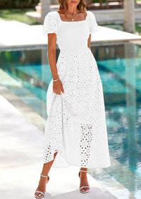 PRETTYGARDEN Dresses for Women Eyelet Square Neck Puff Sleeve Smocked Wedding Guest Maxi Dress with Pockets