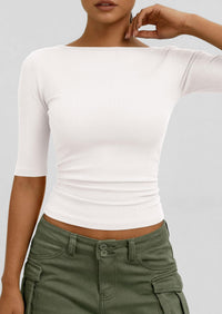 PRETTYGARDEN Womens Summer Short Sleeve Tops Boat Neck Ribbed Knit Slim Fit T Shirt Casual Basic Top Spring Clothes PRETTYGARDEN