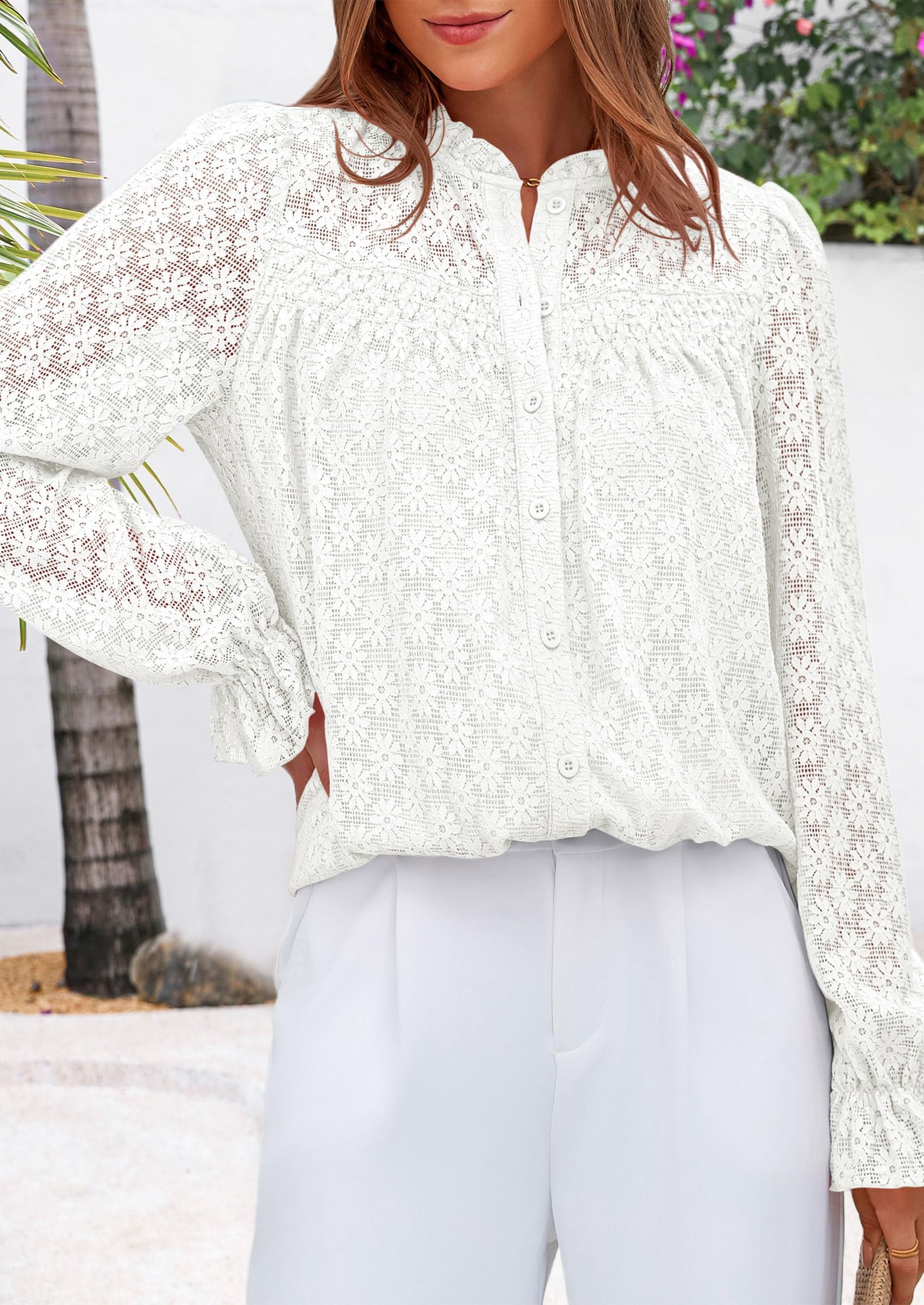 PRETTYGARDEN Lace Long Sleeve Tops for Women Eyelet Blouses Dressy Casual Hollow Out Button Down Shirts Summer Outfits