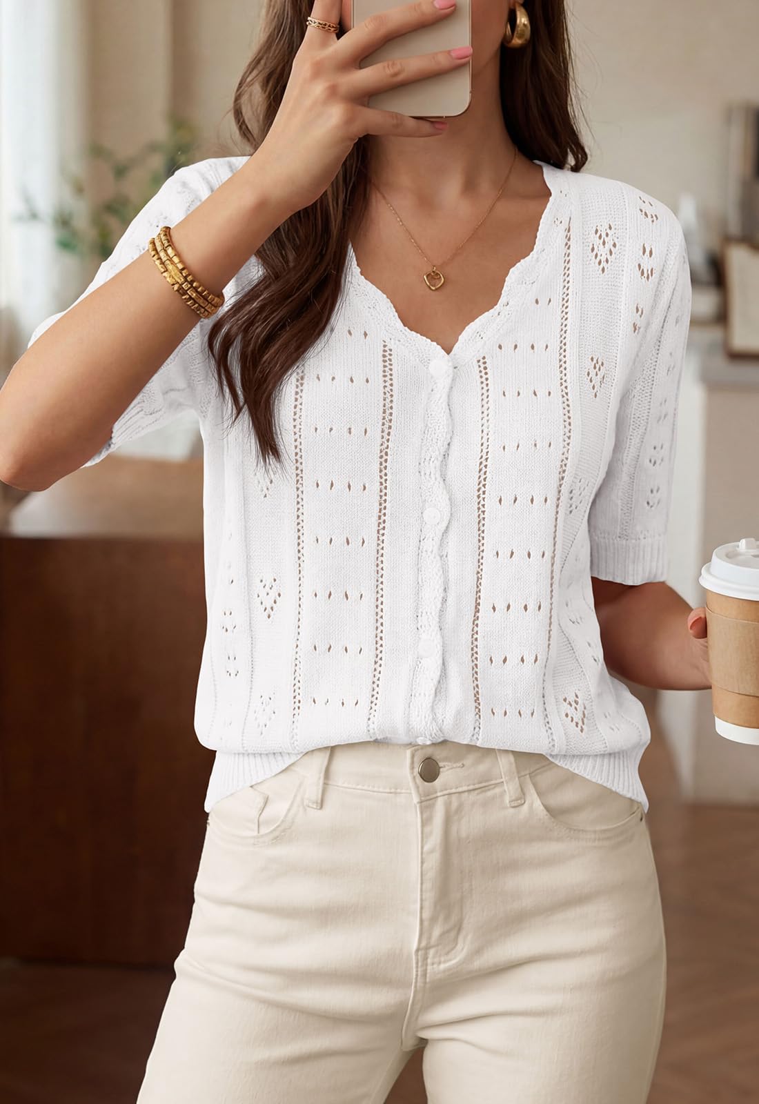 PRETTYGARDEN Womens Short Sleeve Crochet Knit Sweater Spring Fashion Button Down Lightweight Cardigans Summer Tops PRETTYGARDEN