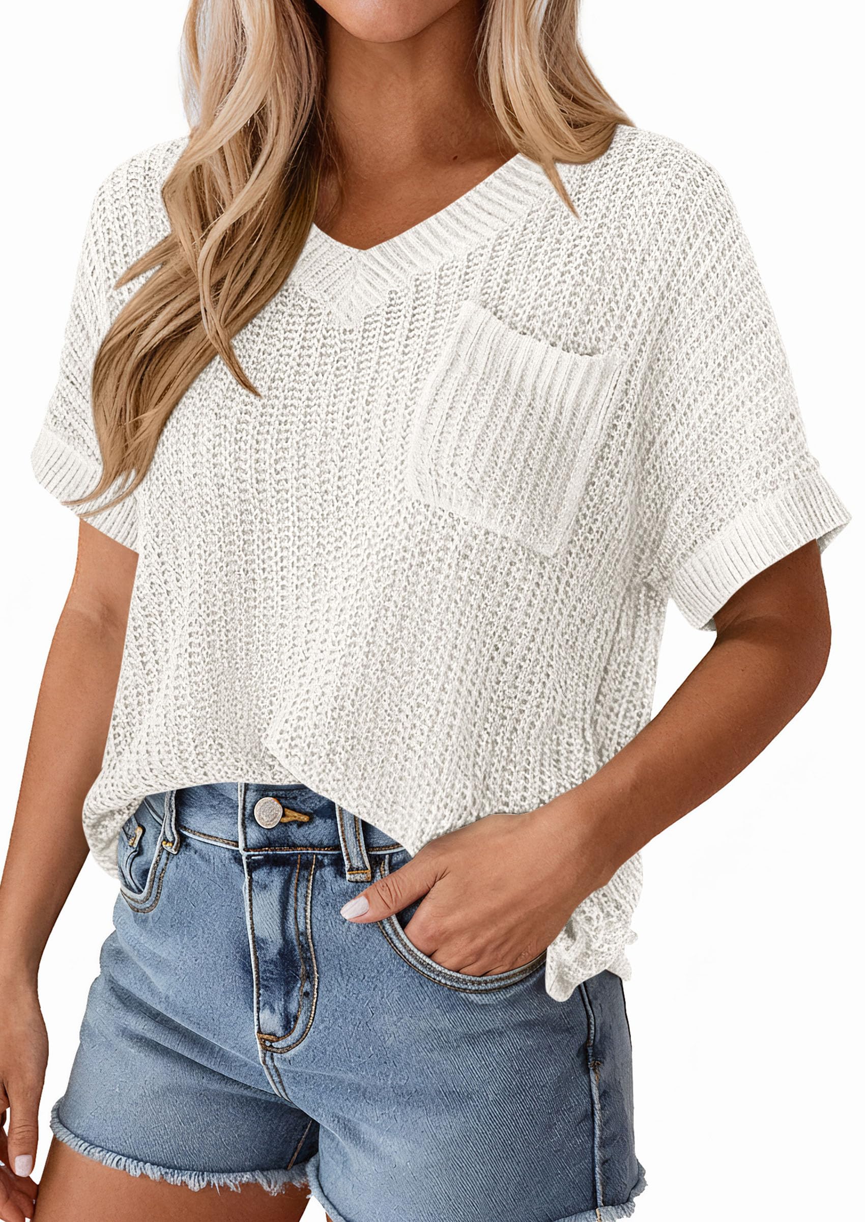 PRETTYGARDEN Women's Spring Short Sleeve Sweaters Lightweight V Neck Casual Going Out Summer T PRETTYGARDEN