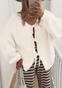 PRETTYGARDEN Women's Tie Front Bow Cardigan Sweaters Chunky Knit Long Puff Sleeve Trendy Fall Winter Jacket Coats