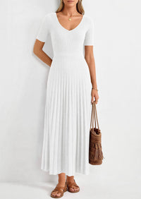 PRETTYGARDEN Women's Spring Midi Sweater Dresses Elegant Pleated Ribbed Knit Short Sleeve V Neck A Line Summer Outfits PRETTYGARDEN