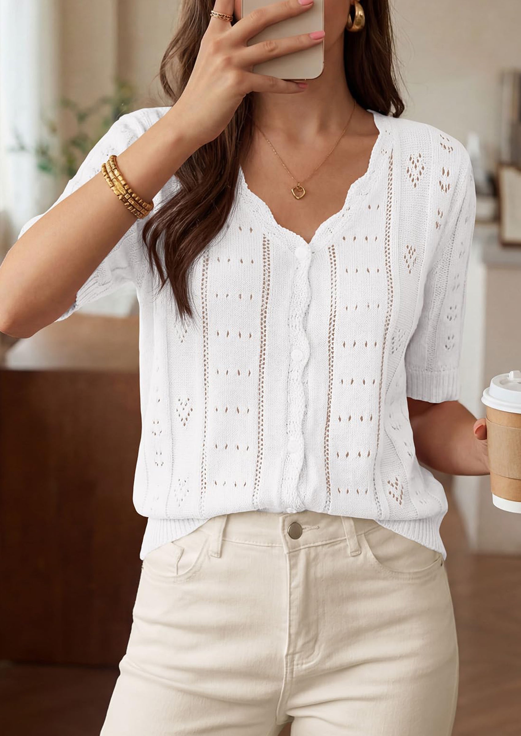 PRETTYGARDEN Womens Short Sleeve Crochet Knit Sweater Spring Fashion Button Down Lightweight Cardigans Summer Tops PRETTYGARDEN