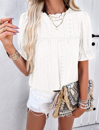 Casual Crew Neck Ruffle Short Sleeve Eyelet Babydoll Blouse