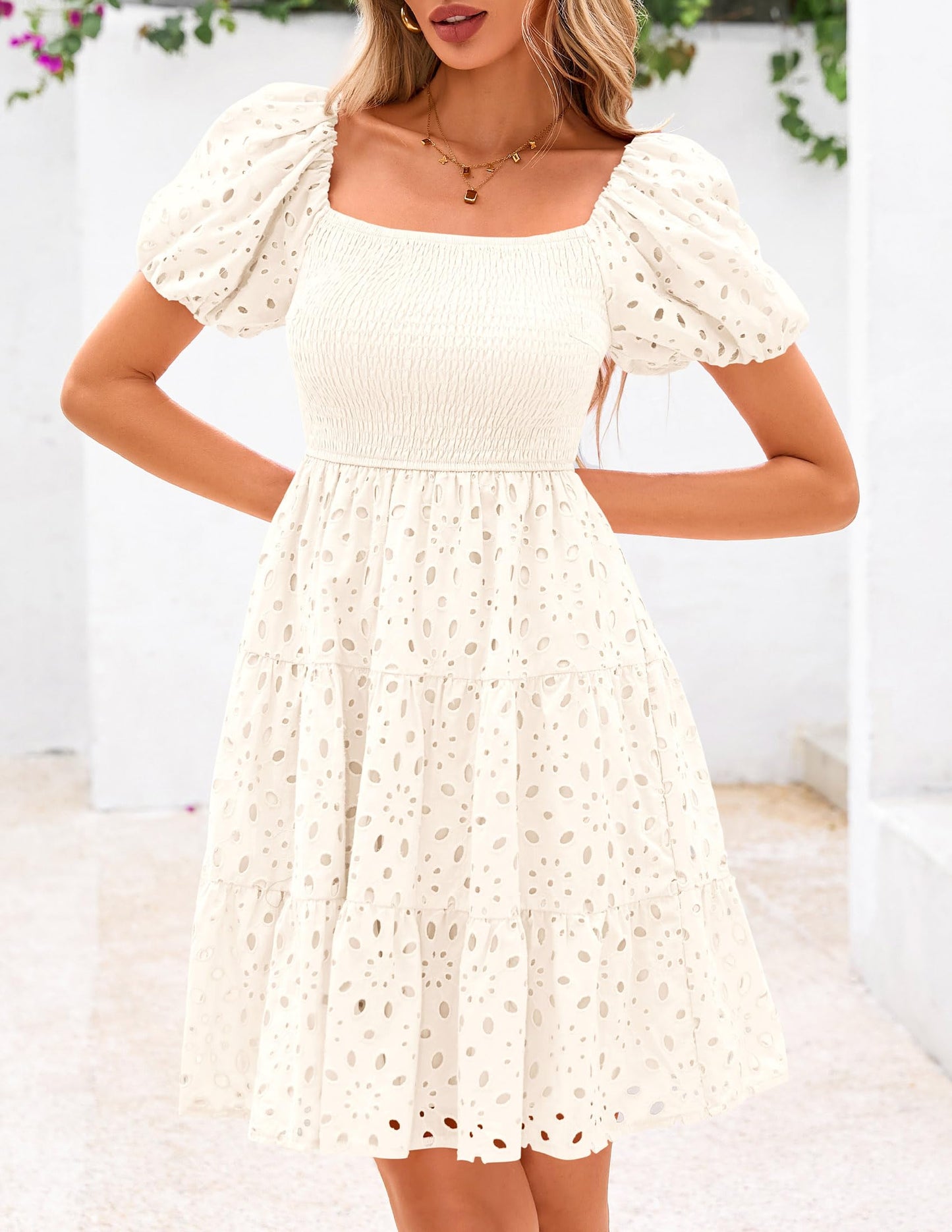 Womens Summer Puff Sleeve Mini Dress Off Shoulder Eyelet Smocked A Line Casual Babydoll Short Dresses