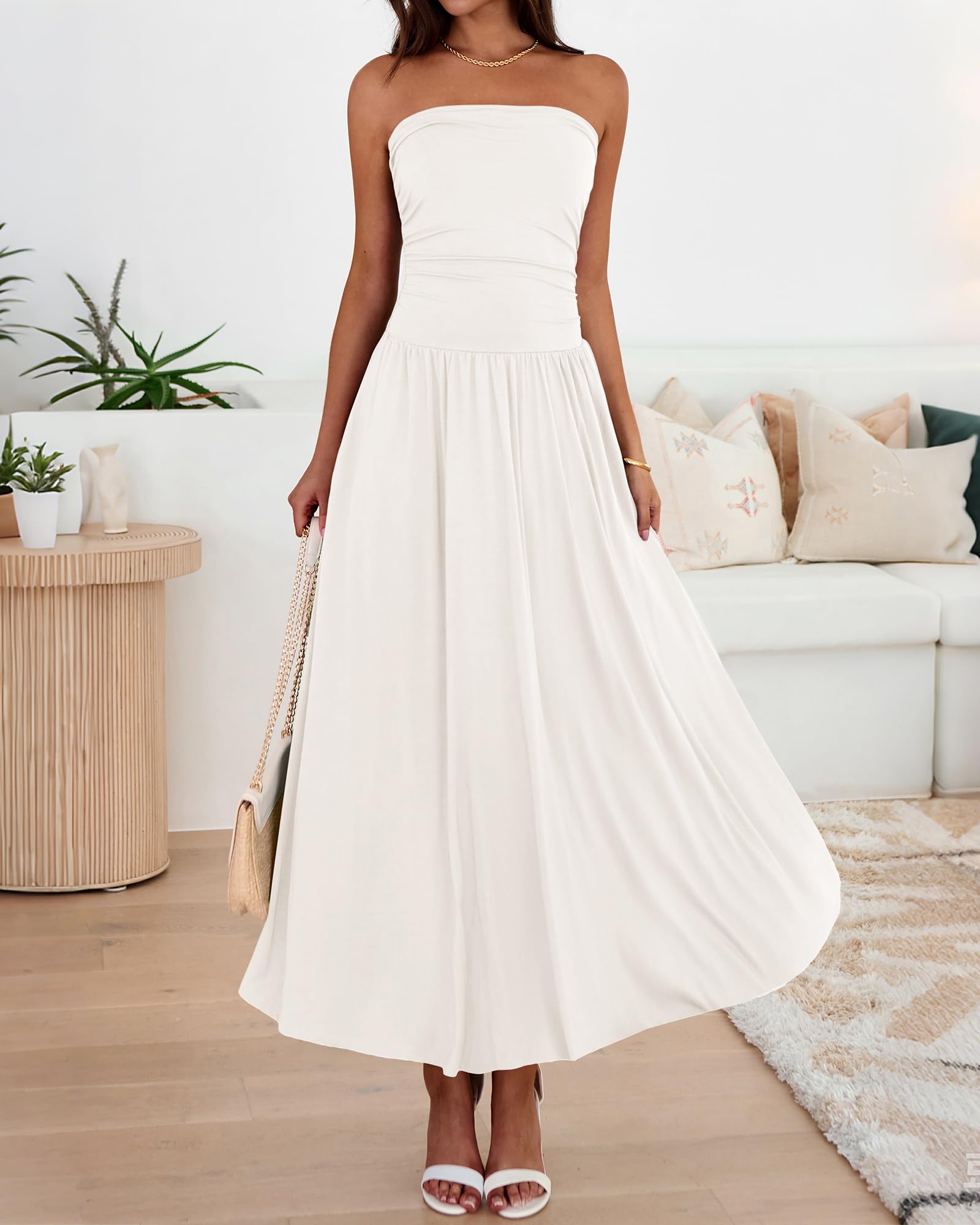 BTFBM Summer Maxi Dresses for Women Strapless Ruched Tube Top Beach Vacation Spring Wedding Guest Dress Pockets PRETTYGARDEN