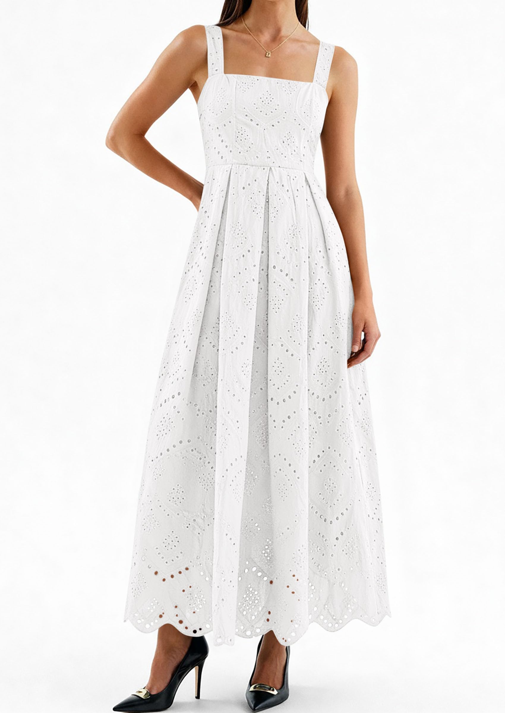 PRETTYGARDEN Womens Sleeveless Maxi Summer Dresses Hollow Out Eyelet Square Neck Ruffle Flowy Beach Vacation Sundress PRETTYGARDEN