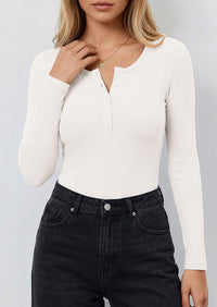 PRETTYGARDEN Long Sleeve Bodysuits for Women Ribbed Knit Henley Button Up Slim Fitted Basic Tops Winter Fashion Clothing PRETTYGARDEN